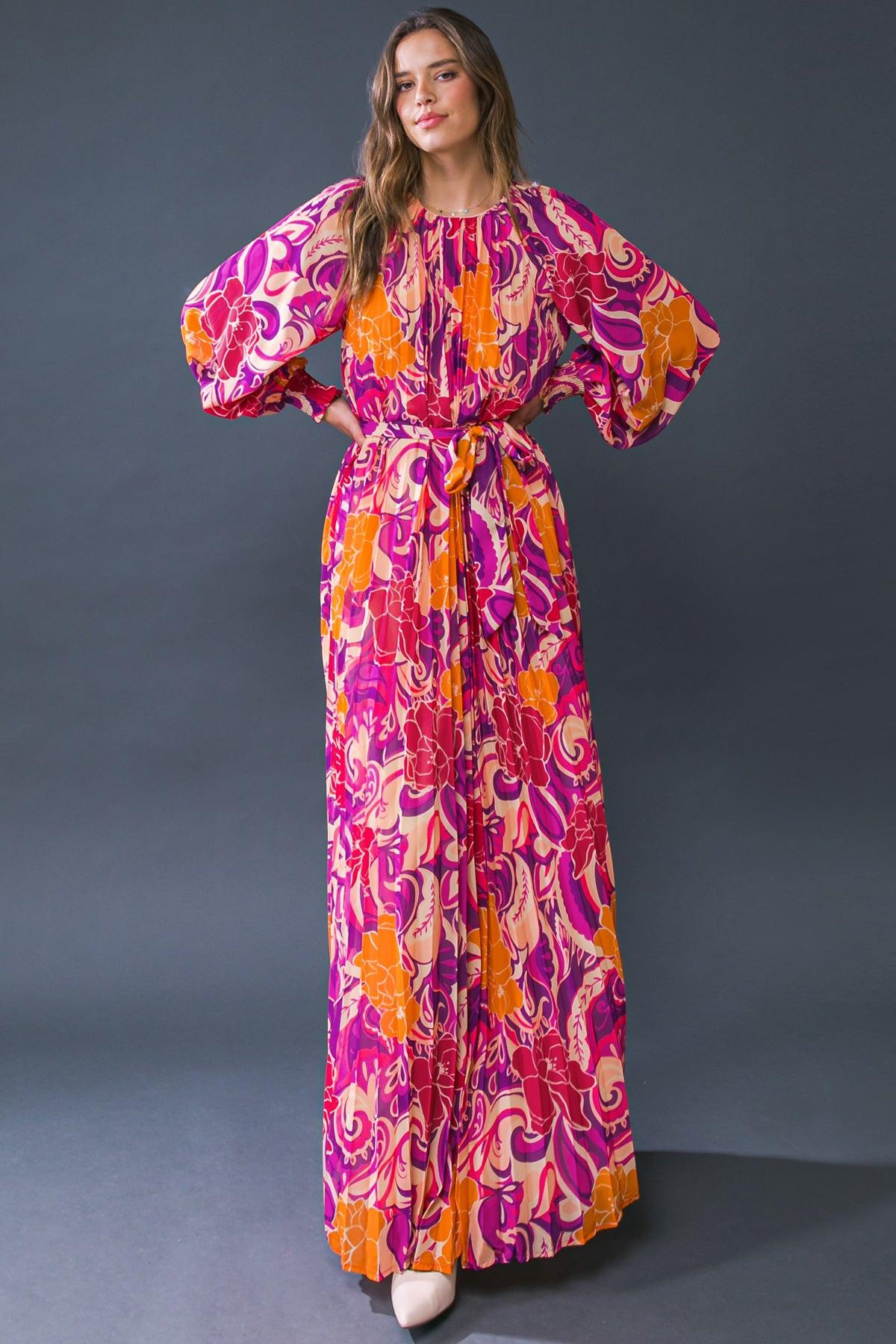Changing Locations Printed Woven Maxi Dress Round Neckline Smocked Cuff Sleeves — Soul Flow Apparel