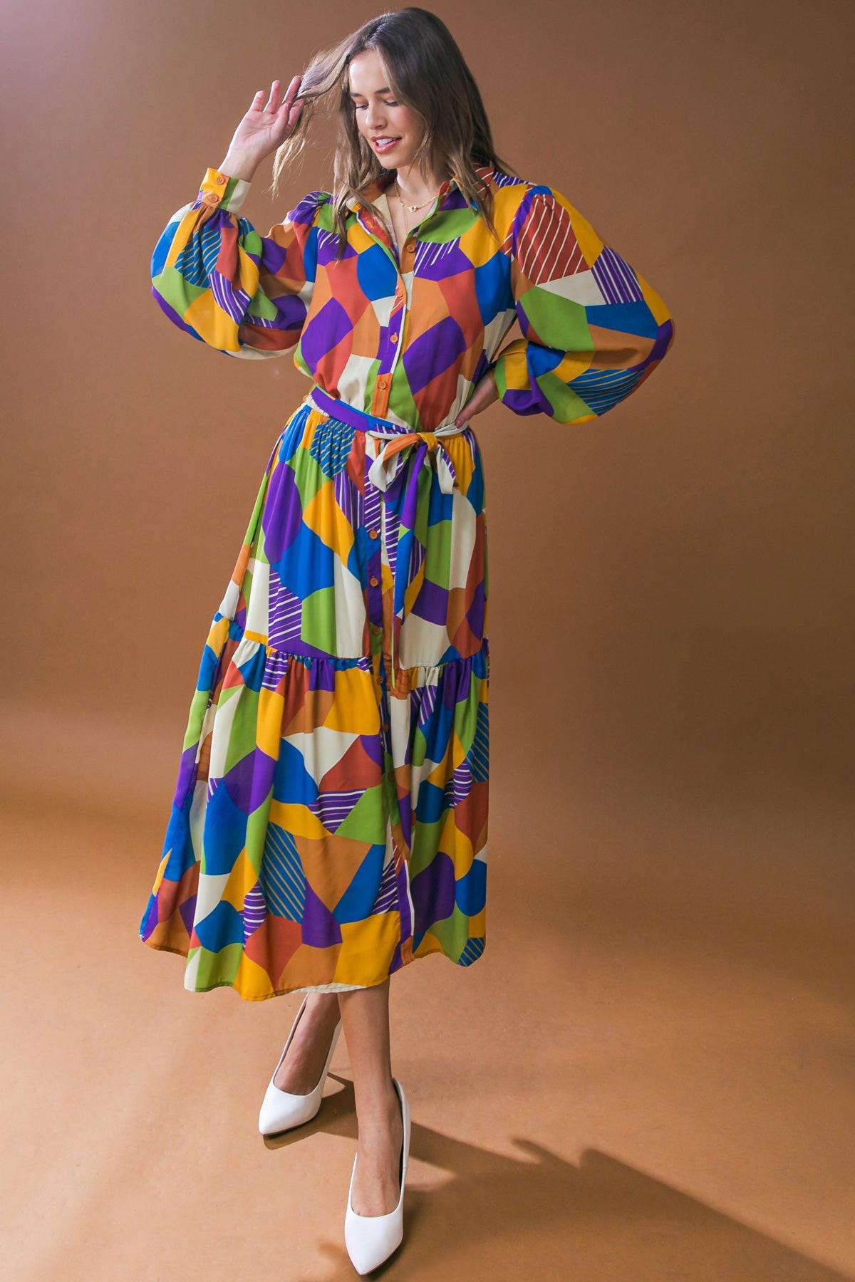Remarkable Flair Printed Woven Midi Dress with Shirt Collar and Self Tie — Soul Flow Apparel