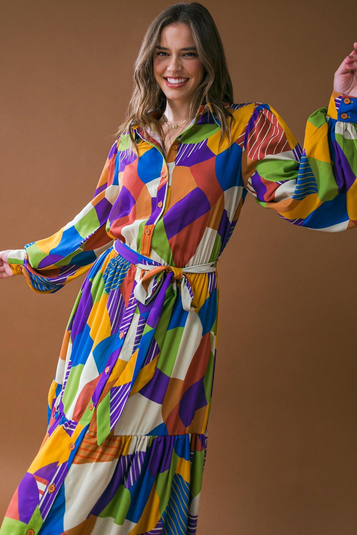 Remarkable Flair Printed Woven Midi Dress with Shirt Collar and Self Tie — Soul Flow Apparel