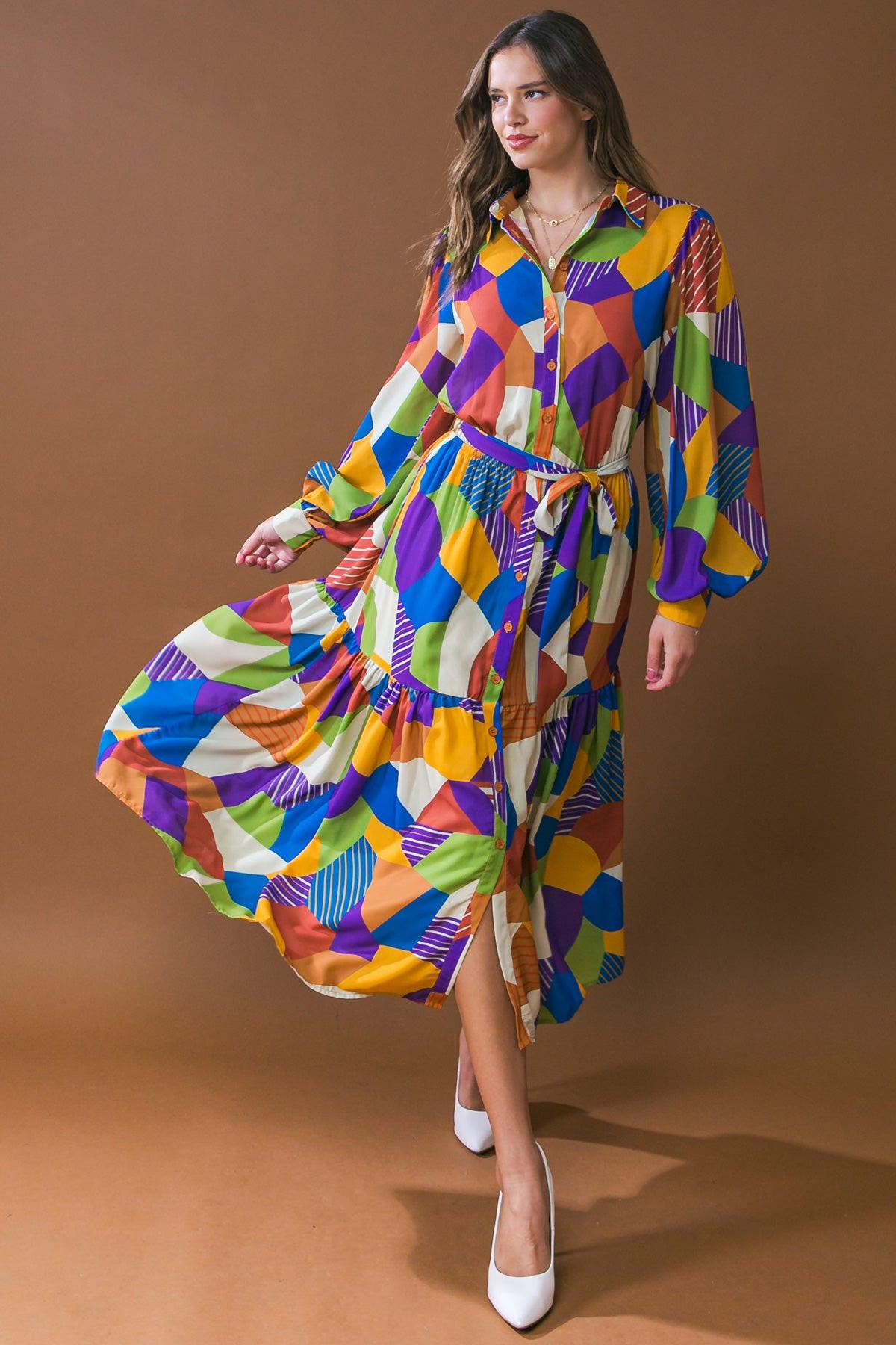 Remarkable Flair Printed Woven Midi Dress with Shirt Collar and Self Tie — Soul Flow Apparel