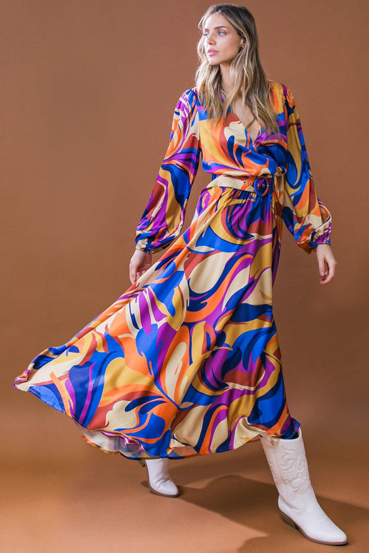 Bold Adventures Woven Satin Midi Dress with Surplice Neckline and Puff Sleeves — Soul Flow Apparel