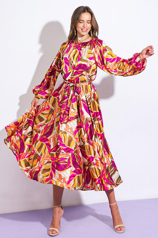 Printed Woven Midi Dress with Round Neckline and Elasticized Waist with Self Tie — Soul Flow Apparel