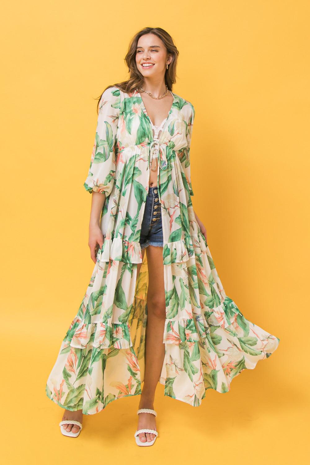 Easy Days Floral Maxi Kimono Top Long Sleeve Boho Chic with Front Tie — Soul Flow Apparel