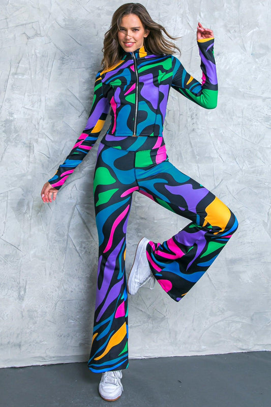 Saying Hello Scuba Tracksuit Printed Two Piece Set with Front Zipper — Soul Flow Apparel