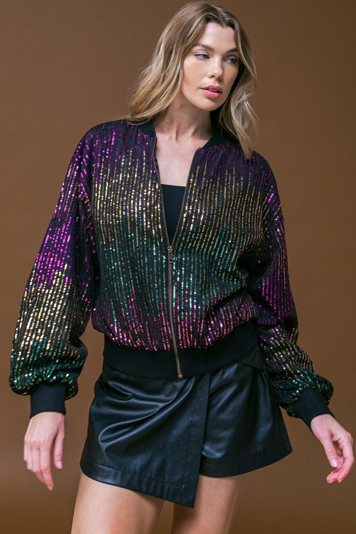 Entertain Me Sequins Bomber Jacket with Ribbed Collar and Zipper — Soul Flow Apparel