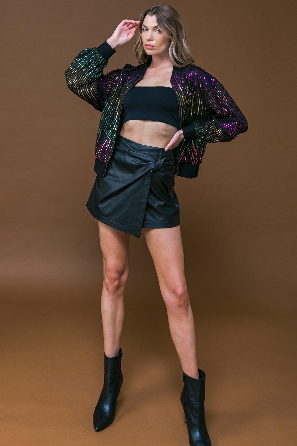 Entertain Me Sequins Bomber Jacket with Ribbed Collar and Zipper — Soul Flow Apparel