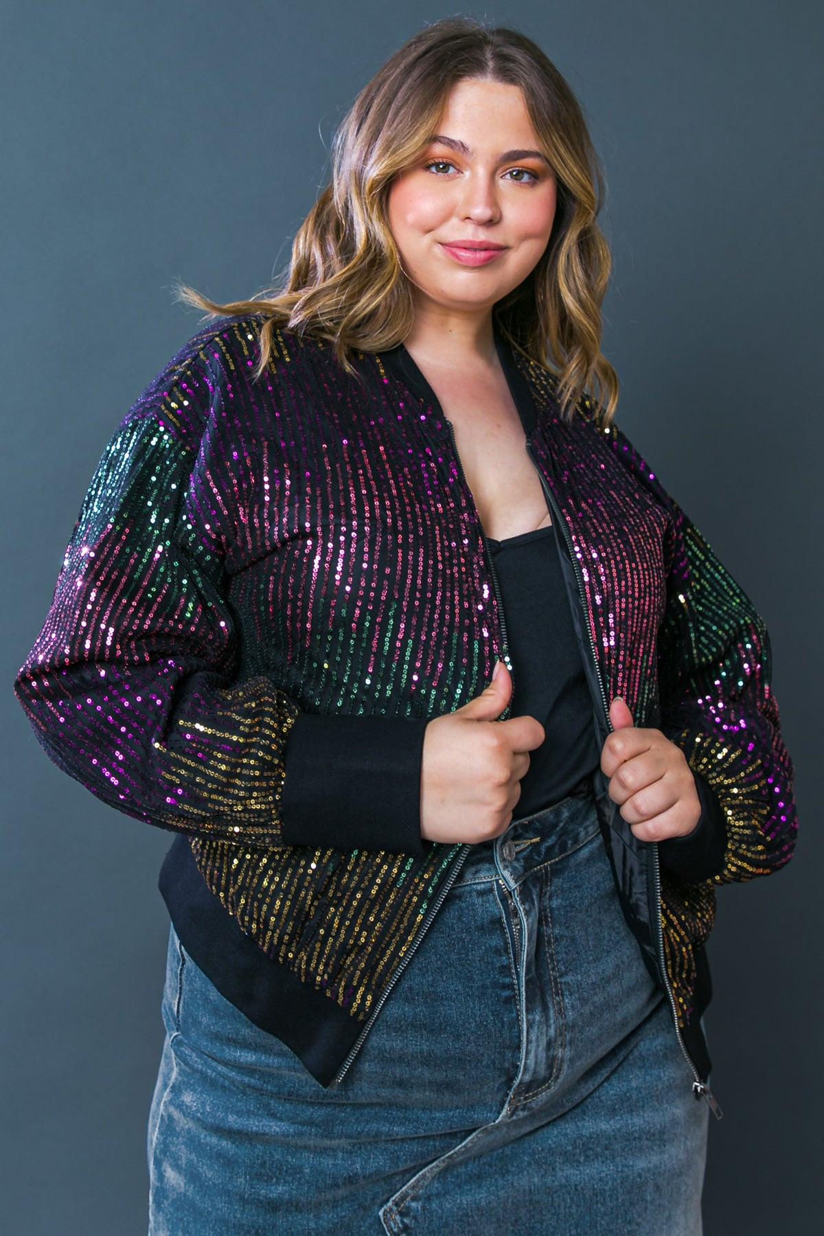 Entertain Me Sequins Bomber Jacket with Ribbed Collar and Zipper — Soul Flow Apparel