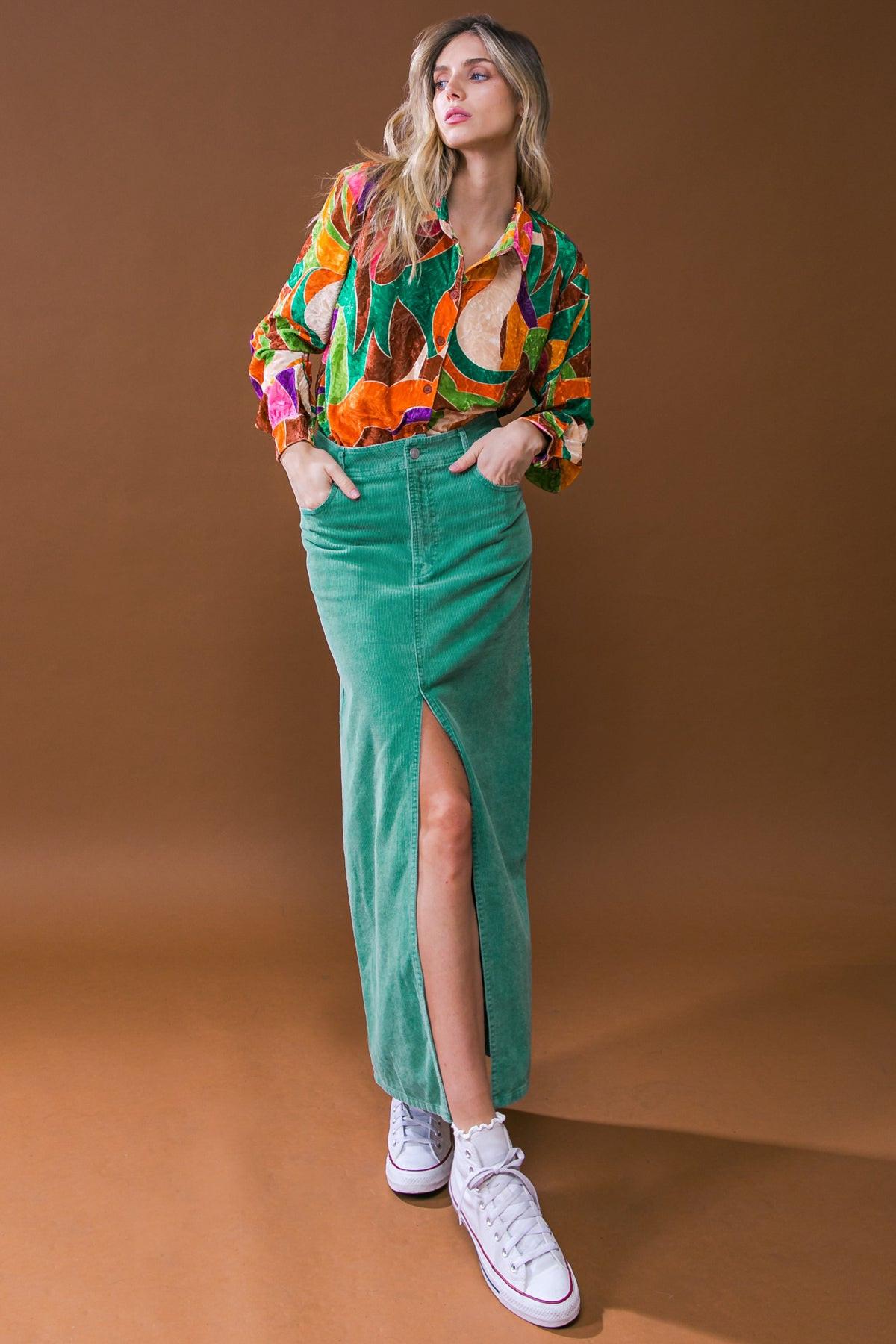 Corduroy Midi Skirt with Front Slit Front Closure and Pockets Classic Wash — Soul Flow Apparel