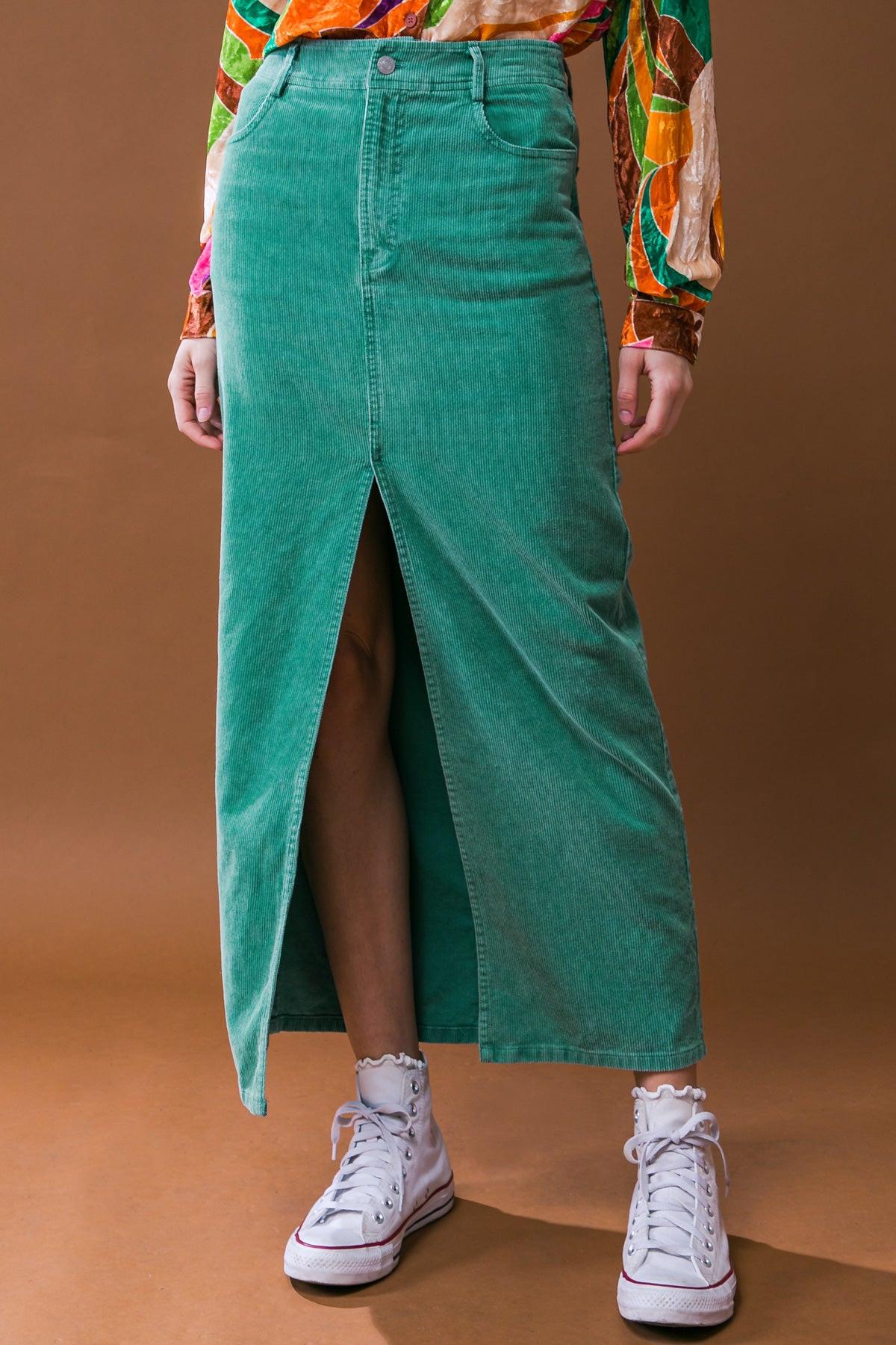 Corduroy Midi Skirt with Front Slit Front Closure and Pockets Classic Wash — Soul Flow Apparel