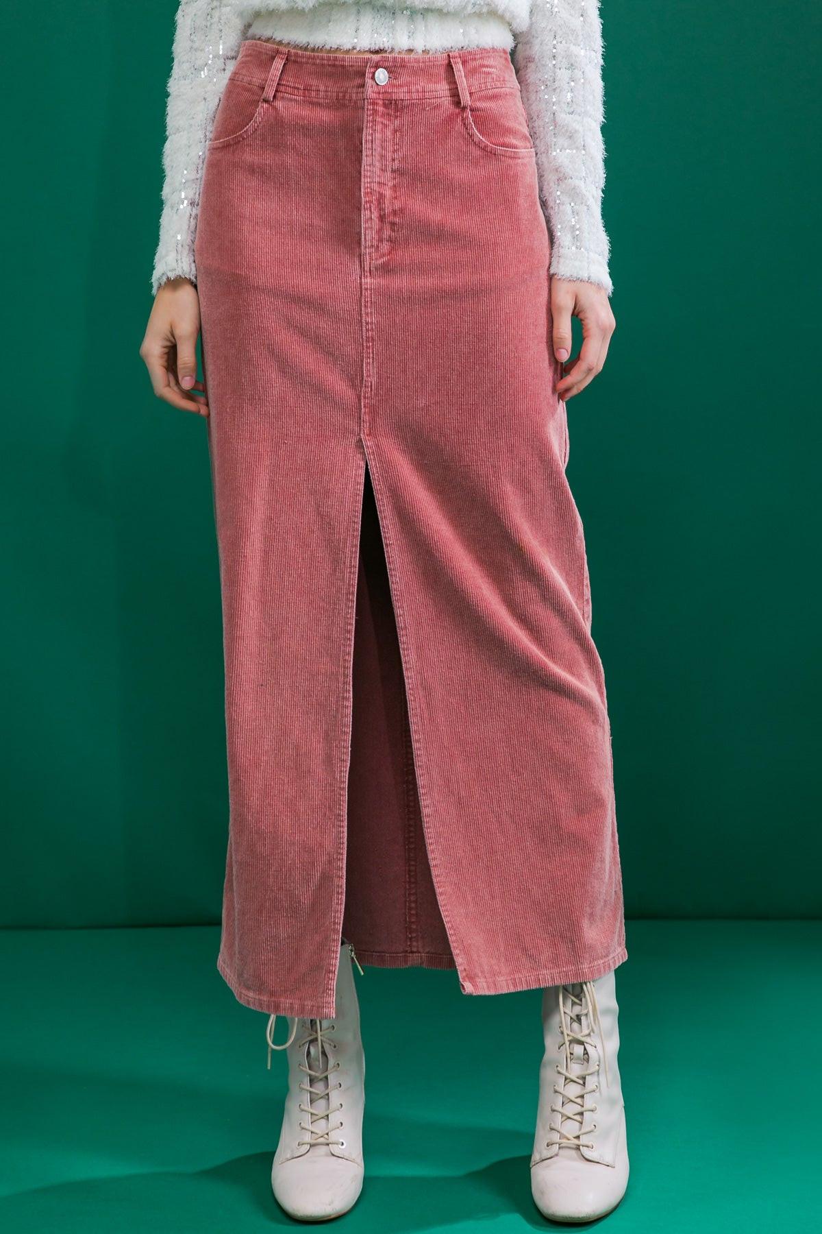 Corduroy Midi Skirt with Front Slit Front Closure and Pockets Classic Wash — Soul Flow Apparel