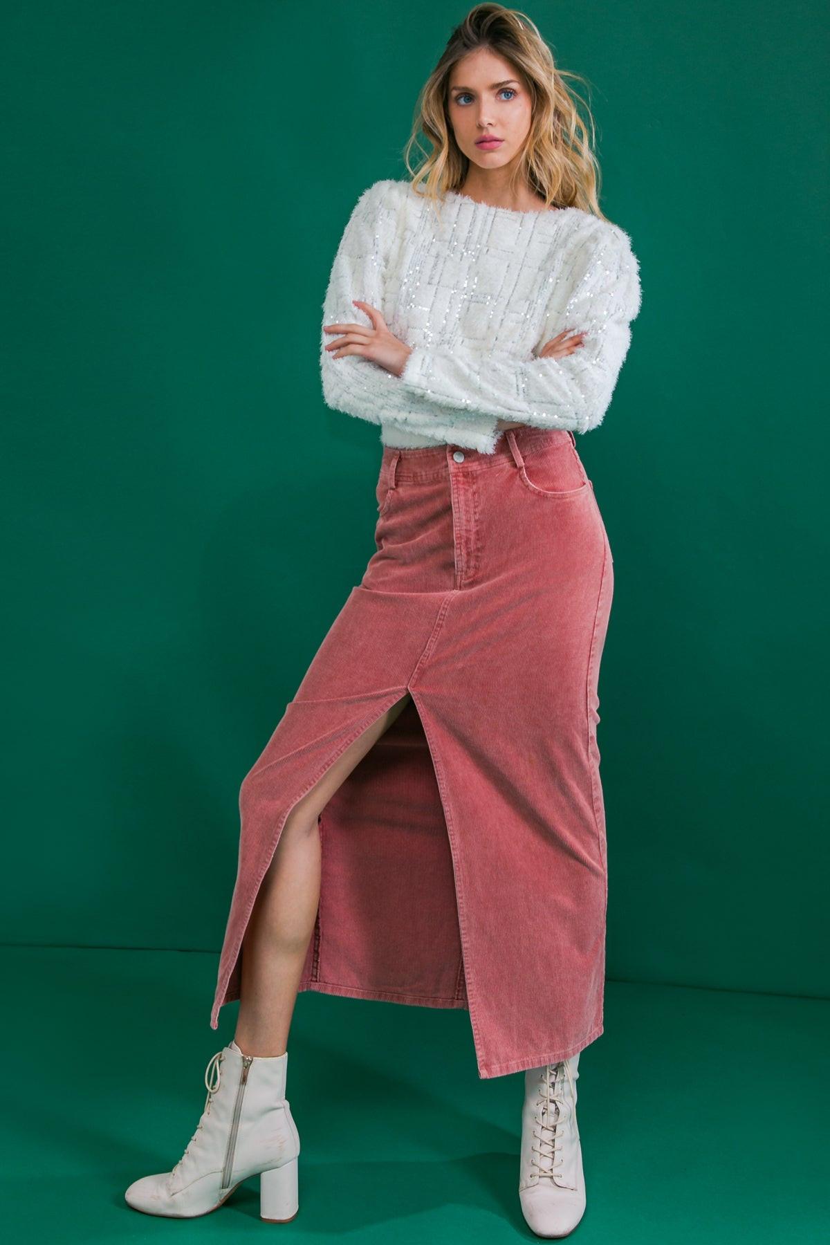 Corduroy Midi Skirt with Front Slit Front Closure and Pockets Classic Wash — Soul Flow Apparel