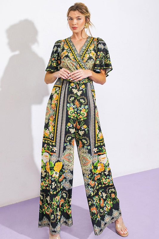 Coastal Breeze Woven Jumpsuit with Surplice Neckline and Tie Back Wide Legs — Soul Flow Apparel