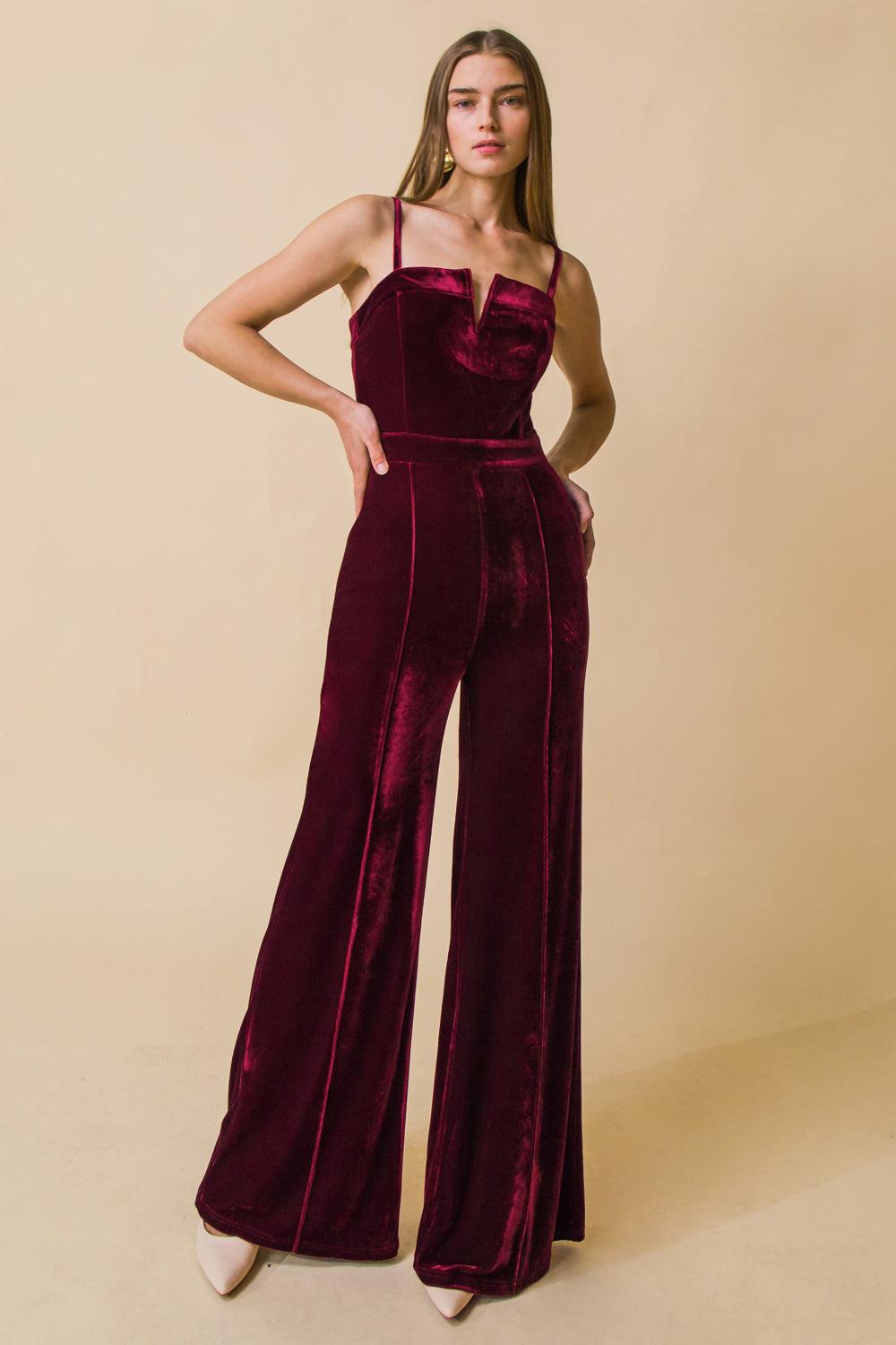 Blow a Kiss Velvet Jumpsuit with Front V Detail and Wide Leg — Soul Flow Apparel