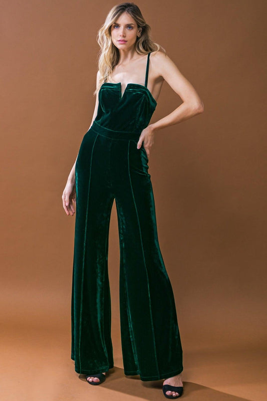 Blow a Kiss Velvet Jumpsuit with Front V Detail and Wide Leg — Soul Flow Apparel