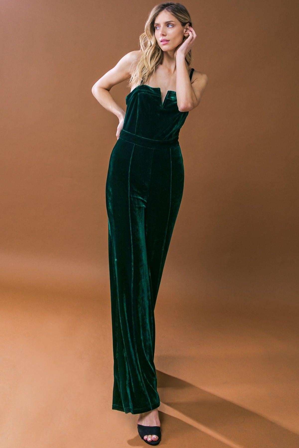 Blow a Kiss Velvet Jumpsuit with Front V Detail and Wide Leg — Soul Flow Apparel