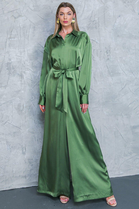 Like Fine Art Satin Jumpsuit with Shirt Collar and Self Tie Belt Wide Leg — Soul Flow Apparel