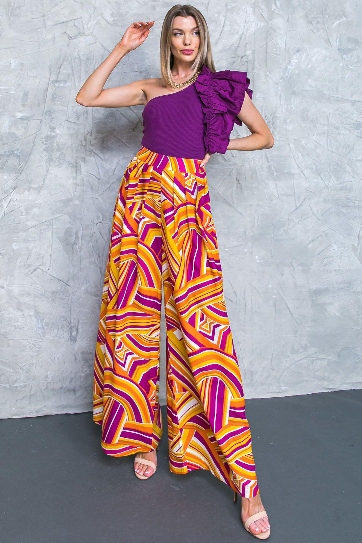 Lively Cham Printed Woven Pants with Pleated Front and Side Zip Closure — Soul Flow Apparel