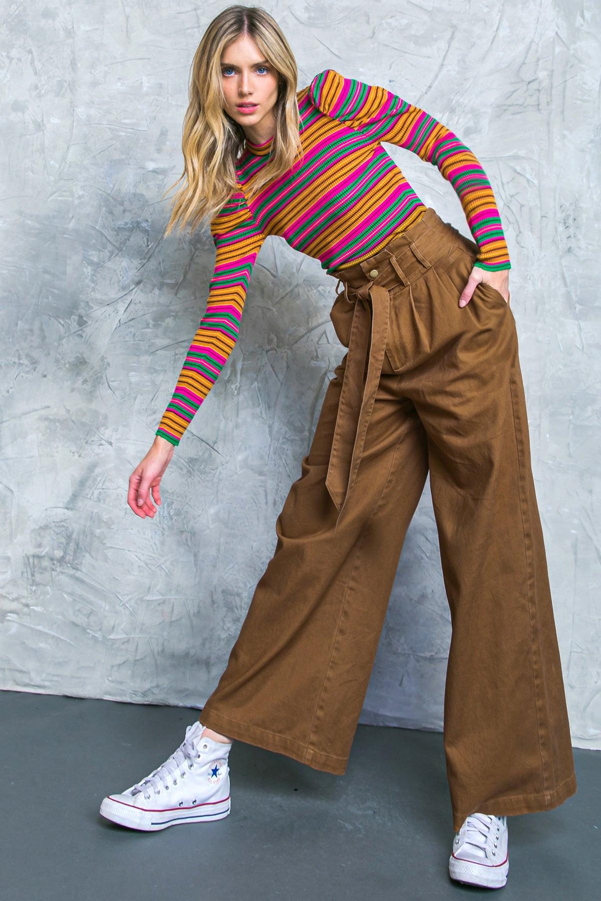 Big Moment Twill Pants High Waisted Paperbag Waist with Self Belt Wide Leg — Soul Flow Apparel