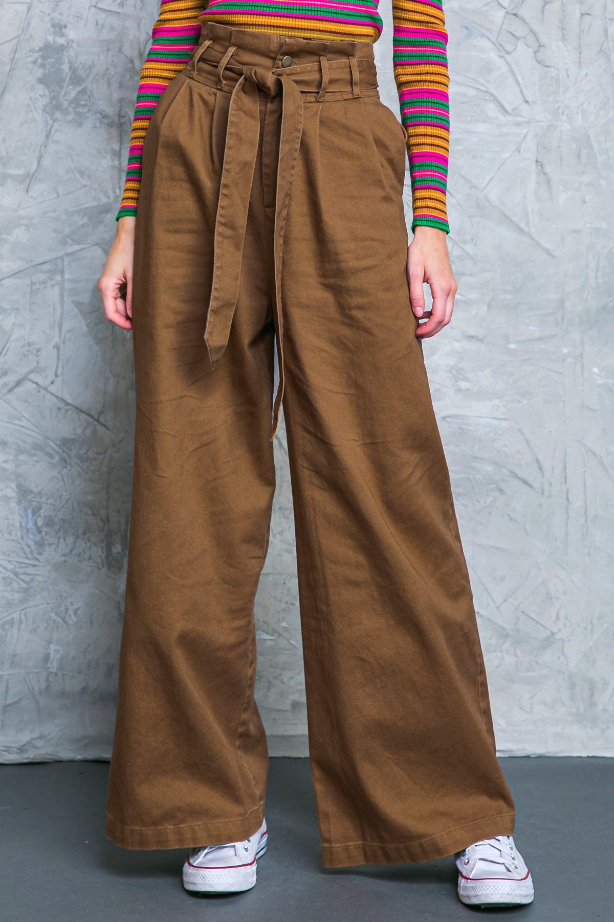 Big Moment Twill Pants High Waisted Paperbag Waist with Self Belt Wide Leg — Soul Flow Apparel