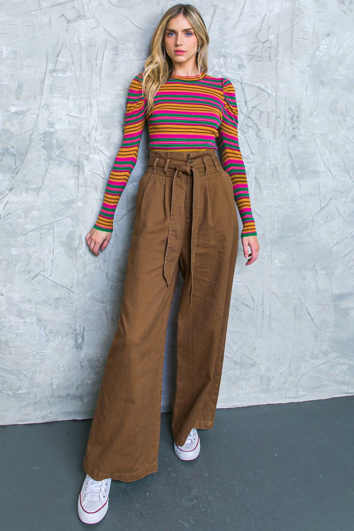 Big Moment Twill Pants High Waisted Paperbag Waist with Self Belt Wide Leg — Soul Flow Apparel