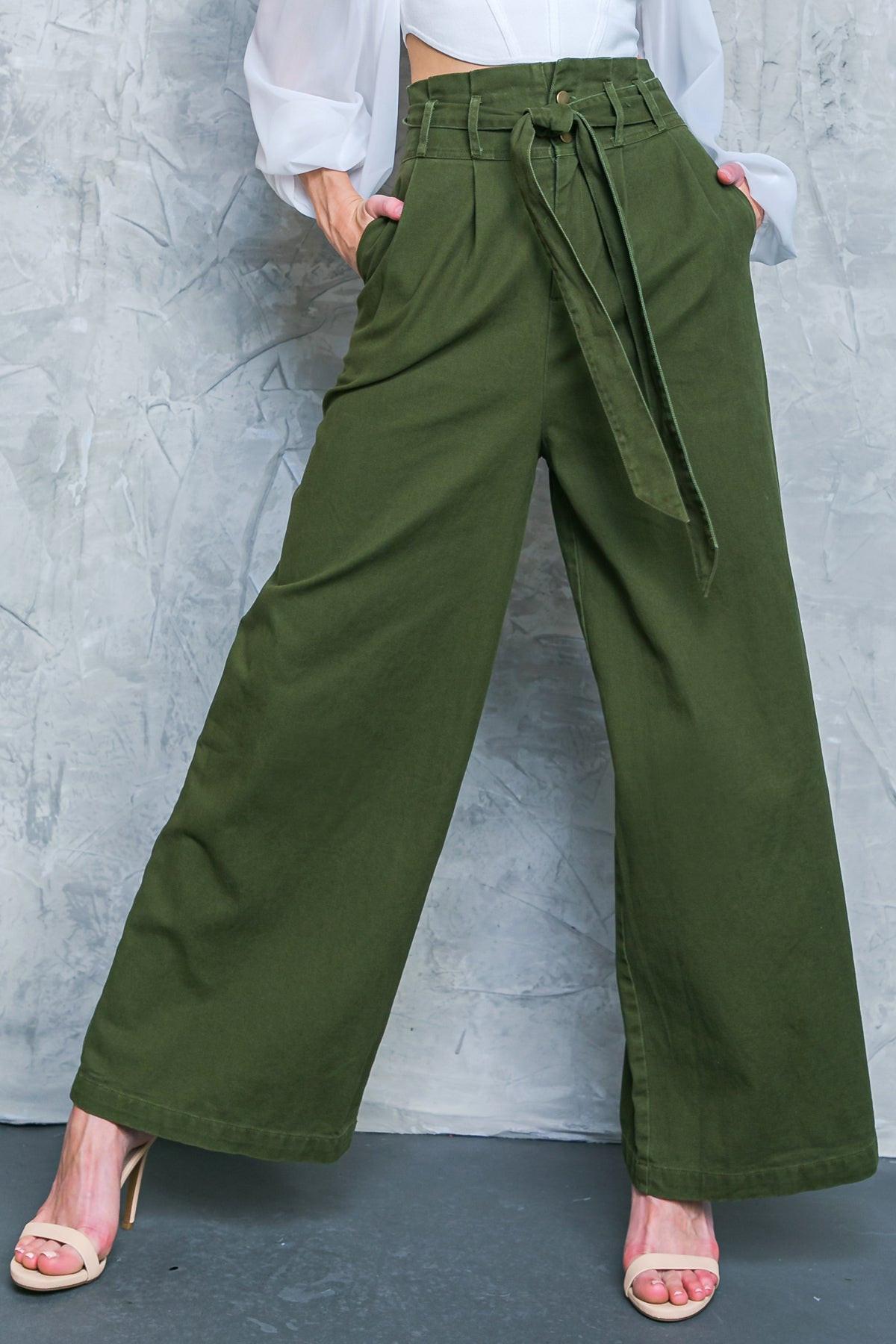 Big Moment Twill Pants High Waisted Paperbag Waist with Self Belt Wide Leg — Soul Flow Apparel