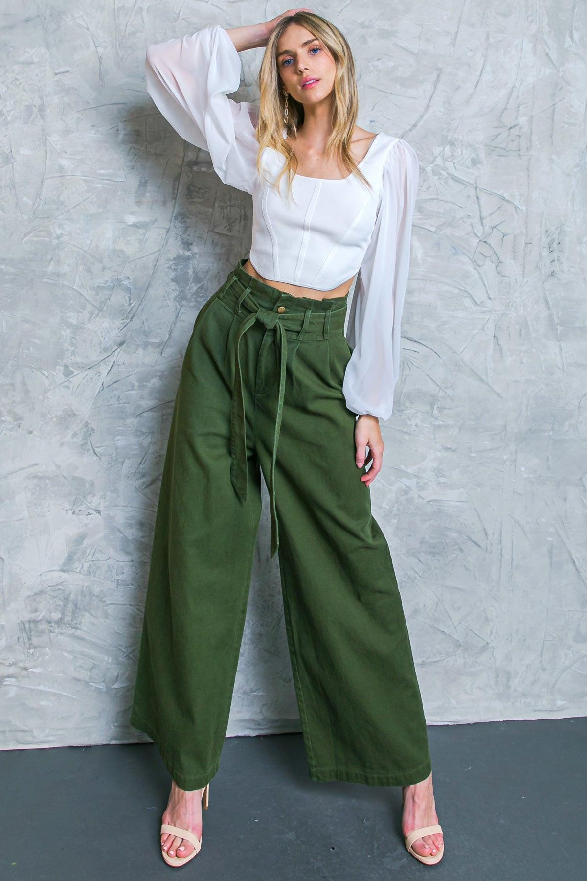 Big Moment Twill Pants High Waisted Paperbag Waist with Self Belt Wide Leg — Soul Flow Apparel