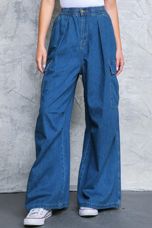 All the Buzz Washed Denim Pants with Cargo Pockets Wide Leg and Elastic Waist — Soul Flow Apparel