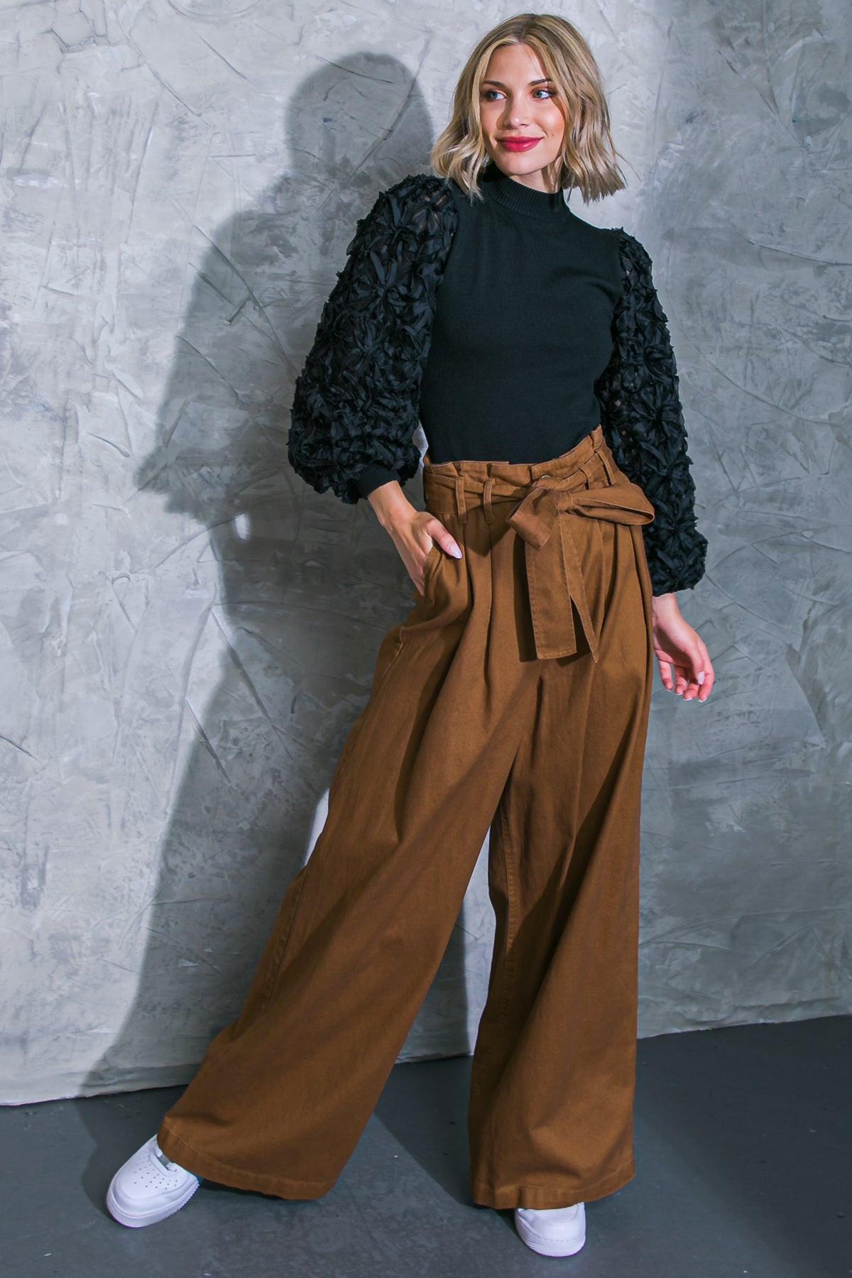Thriving Weekend Twill Pants with High Waist Self Sash Belt and Wide Leg Pockets — Soul Flow Apparel