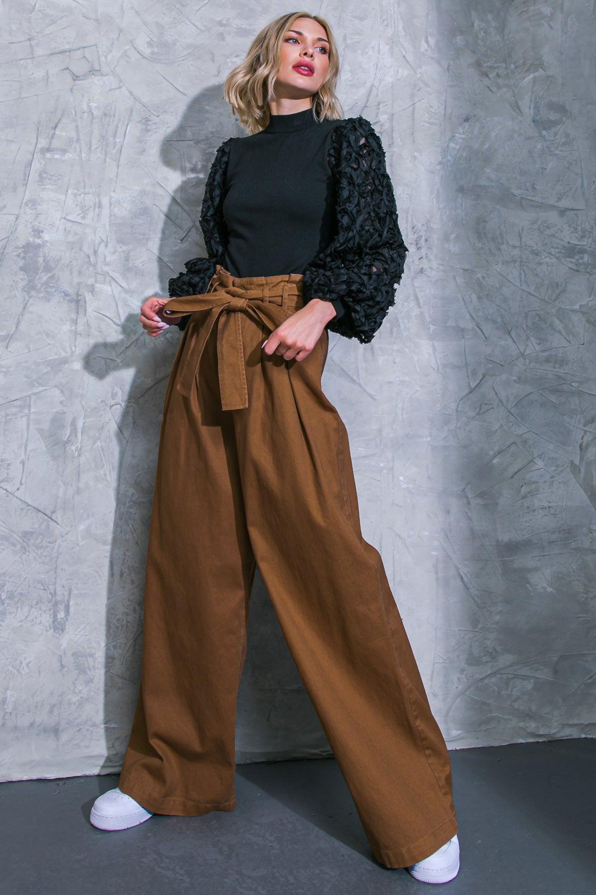 Thriving Weekend Twill Pants with High Waist Self Sash Belt and Wide Leg Pockets — Soul Flow Apparel