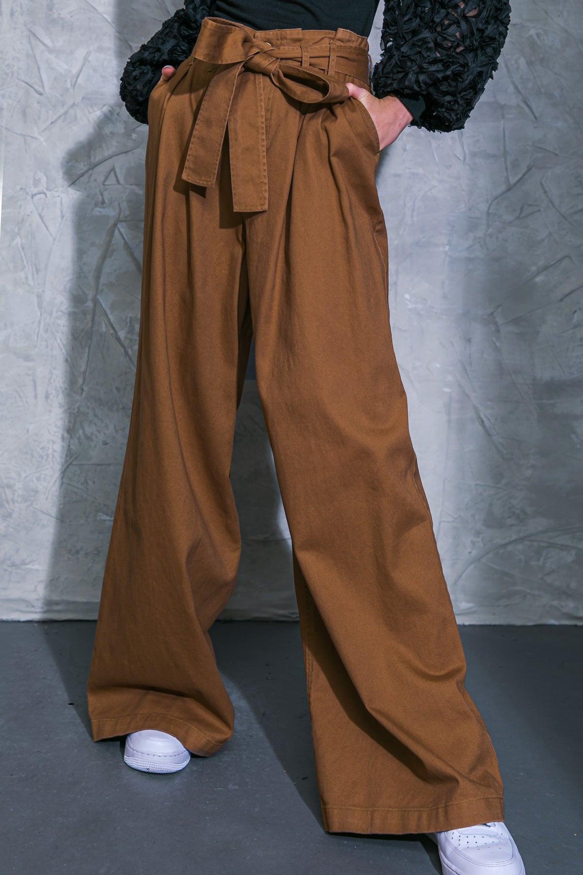 Thriving Weekend Twill Pants with High Waist Self Sash Belt and Wide Leg Pockets — Soul Flow Apparel