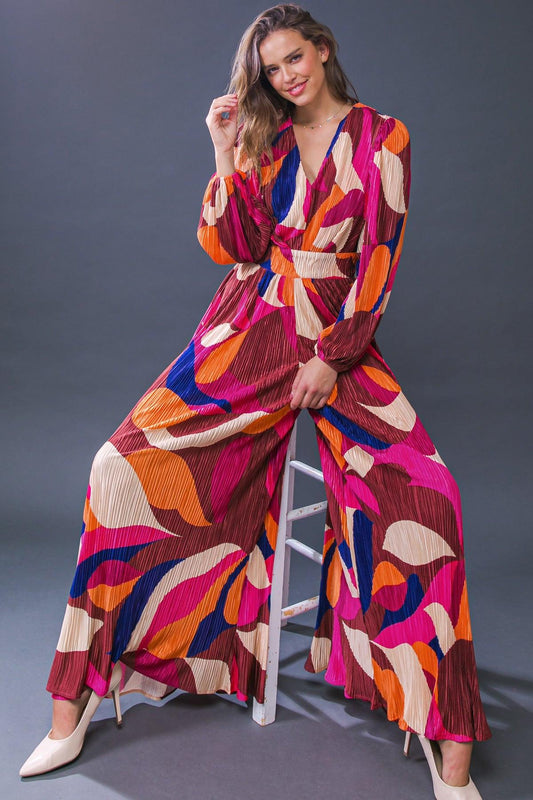 Set a Trend Printed Plisse Jumpsuit with V Neckline Back Zipper for Night Out — Soul Flow Apparel