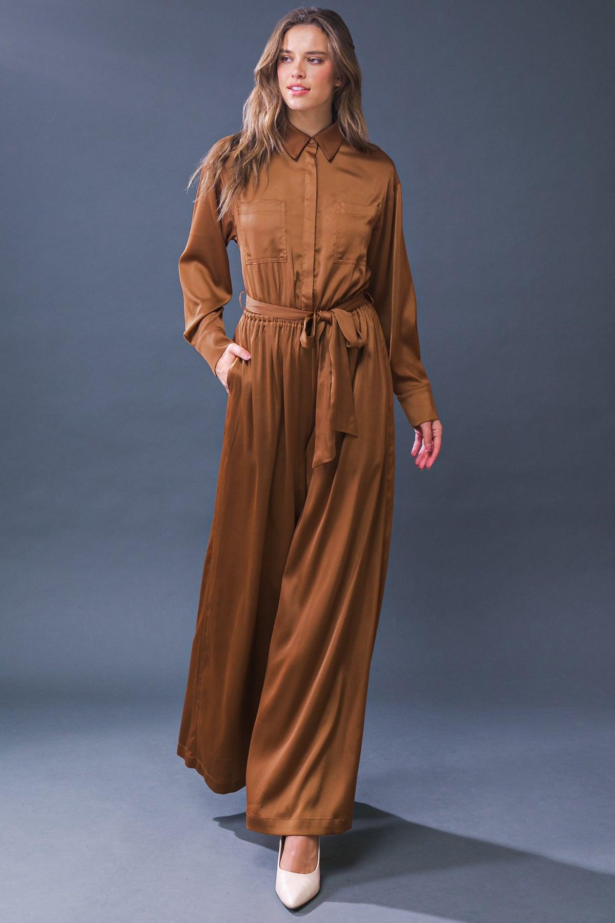 Simply Trendy Solid Woven Jumpsuit with Shirt Collar and Self Tie — Soul Flow Apparel