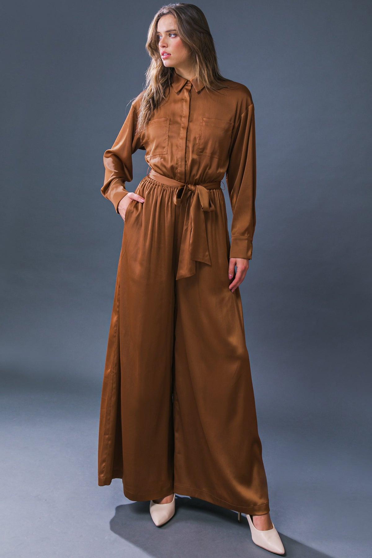 Simply Trendy Solid Woven Jumpsuit with Shirt Collar and Self Tie — Soul Flow Apparel