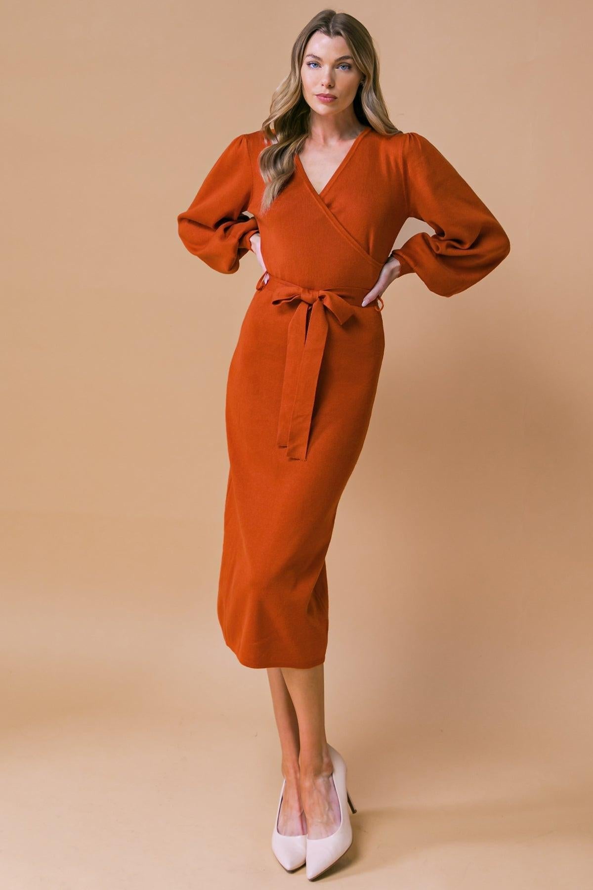 Adorable Ideal Sweater Midi Dress with Surplice Neckline Blouson Sleeves — Soul Flow Apparel
