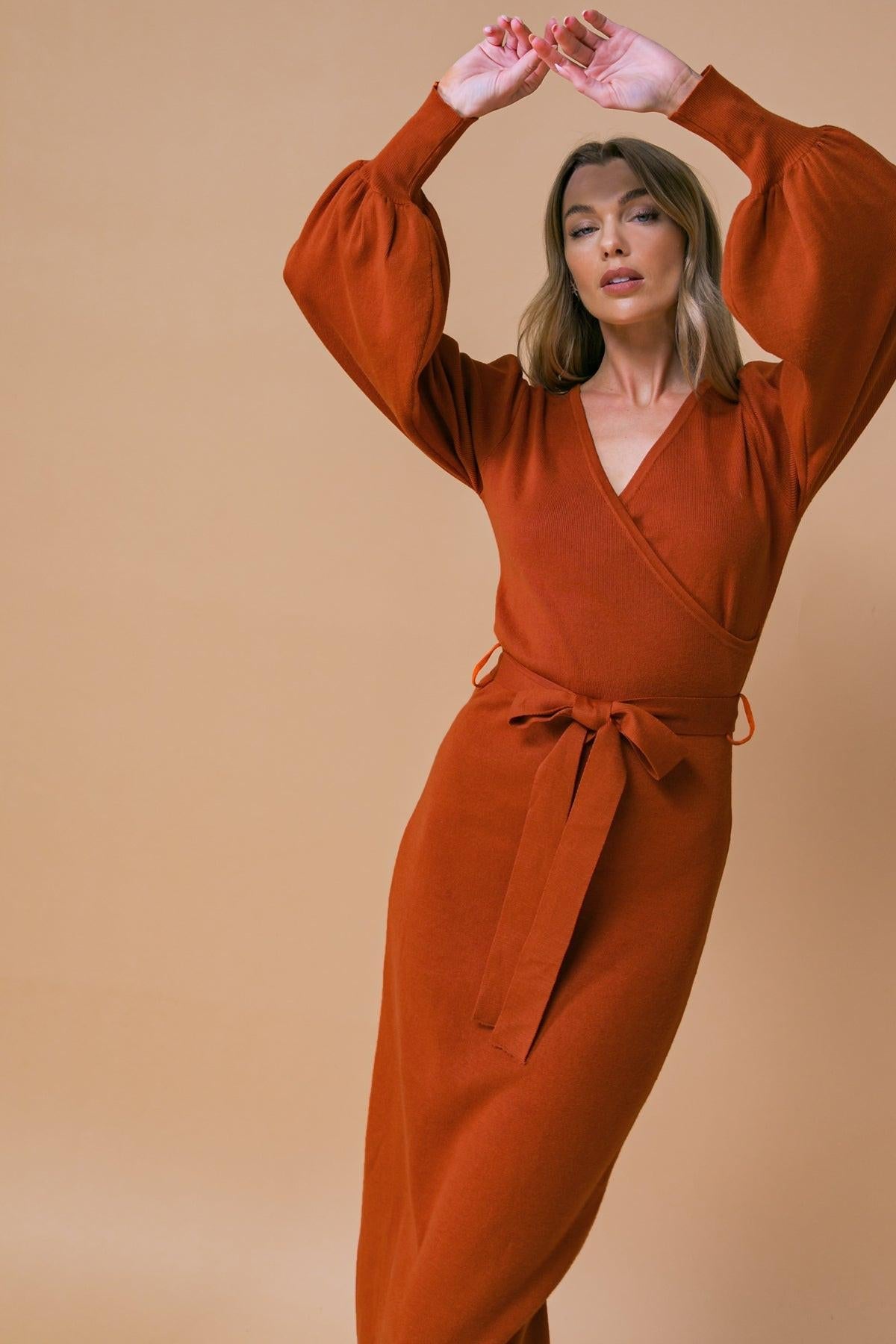 Adorable Ideal Sweater Midi Dress with Surplice Neckline Blouson Sleeves — Soul Flow Apparel