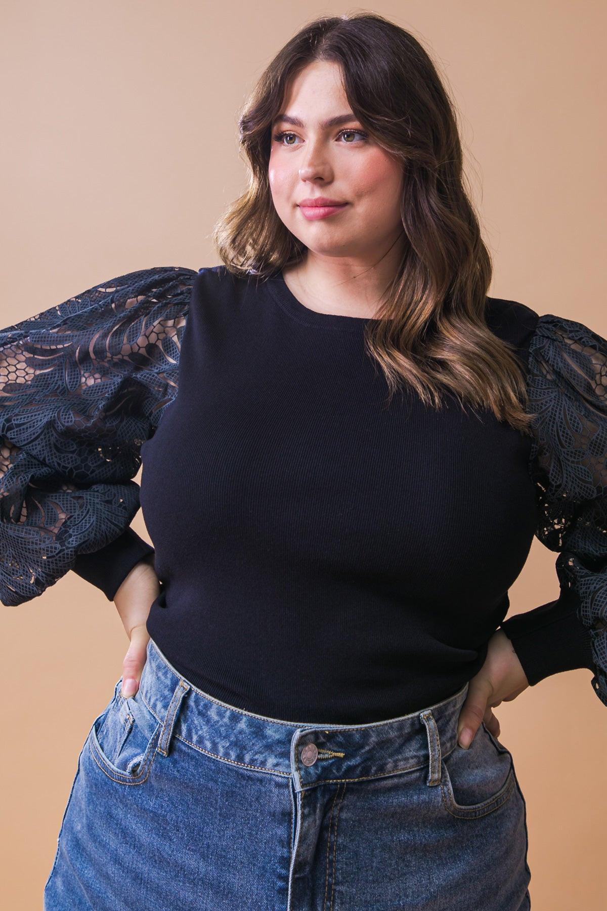 Leisure Life Knit Sweater Top with Round Neckline and Contrasting Puff Sleeves — Soul Flow Apparel