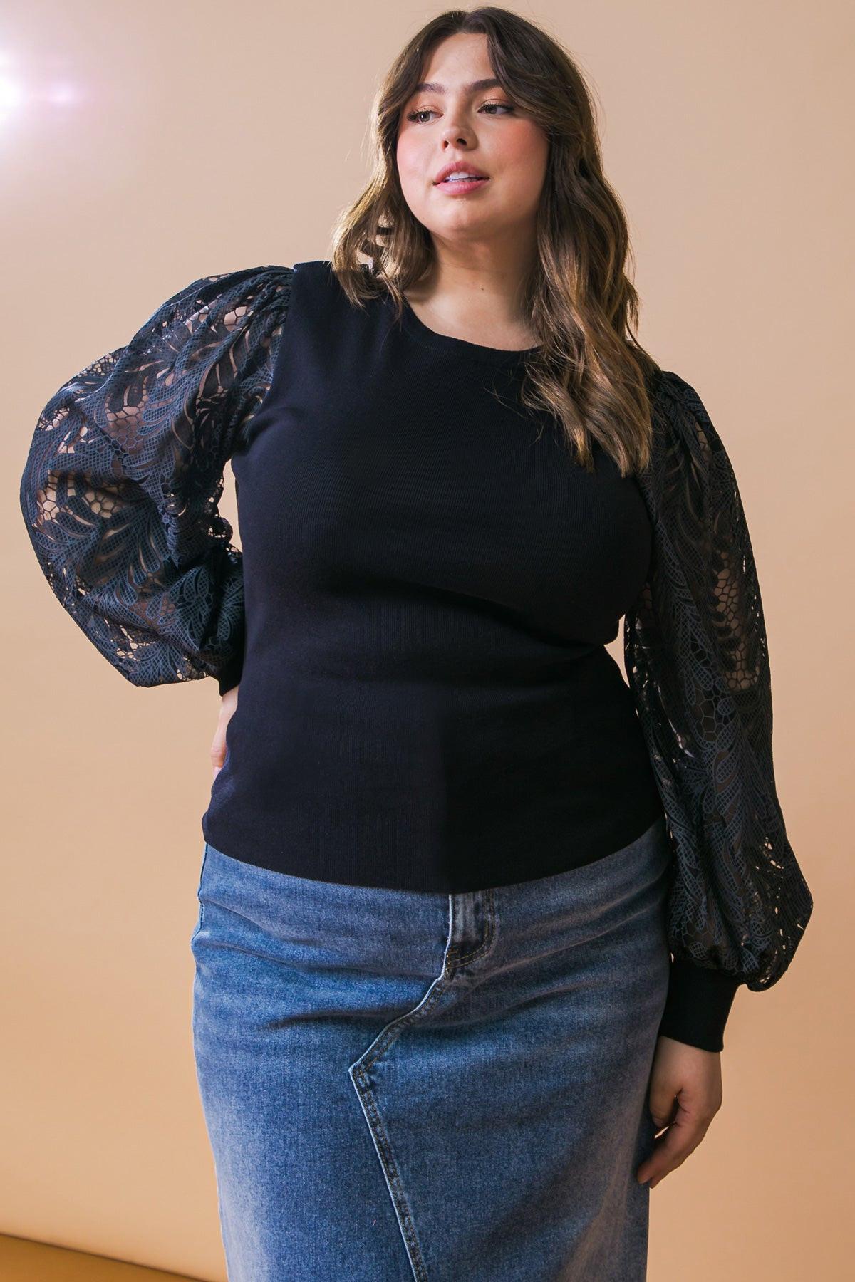 Leisure Life Knit Sweater Top with Round Neckline and Contrasting Puff Sleeves — Soul Flow Apparel