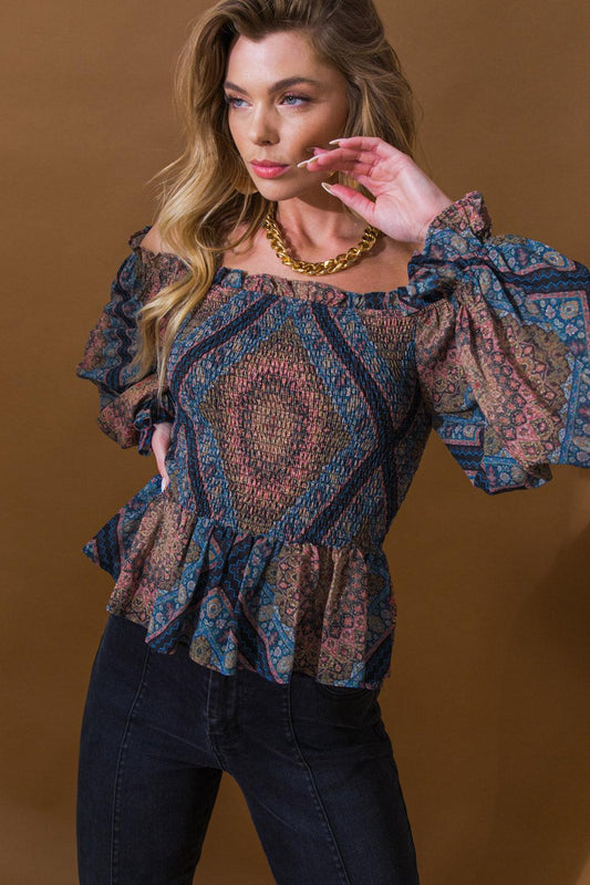 Boho Rainbow Woven Top With Off Shoulder Ruffle Puff Sleeves Peplum