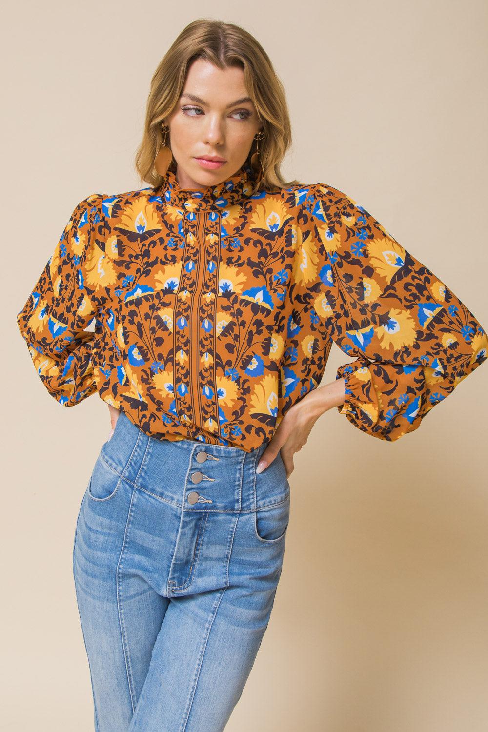 Overthinking It Woven Top with High Neckline and Ruffled Peasant Sleeves — Soul Flow Apparel