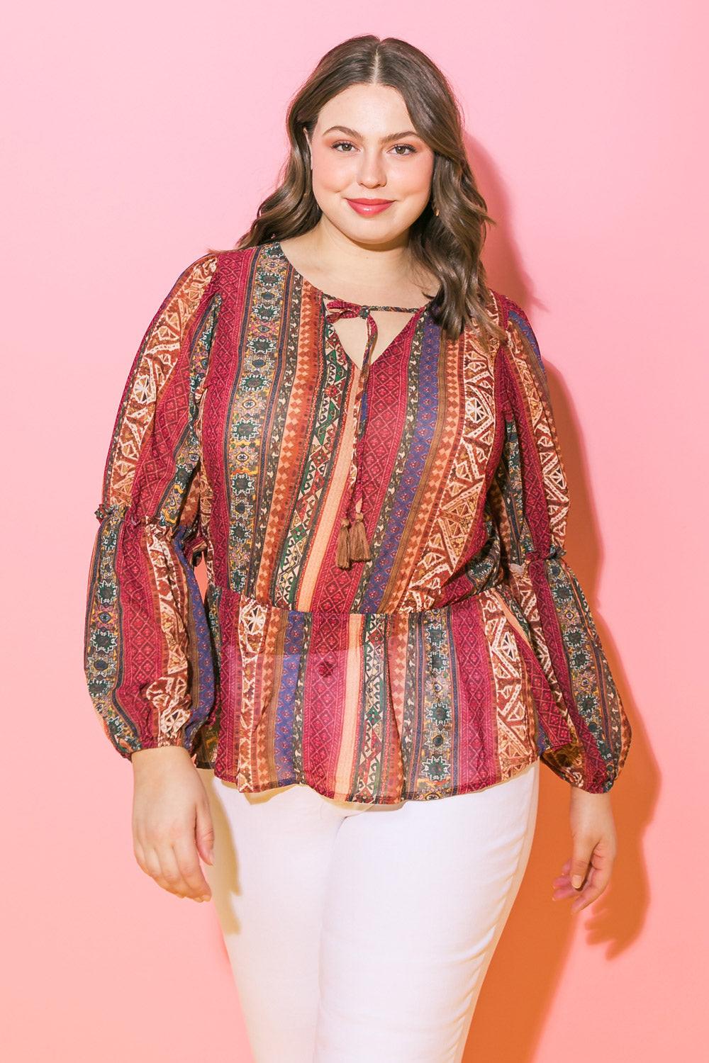 Thrilled for This Woven Top with Printed Peplum and Tassel Tie Polyester Fabric — Soul Flow Apparel