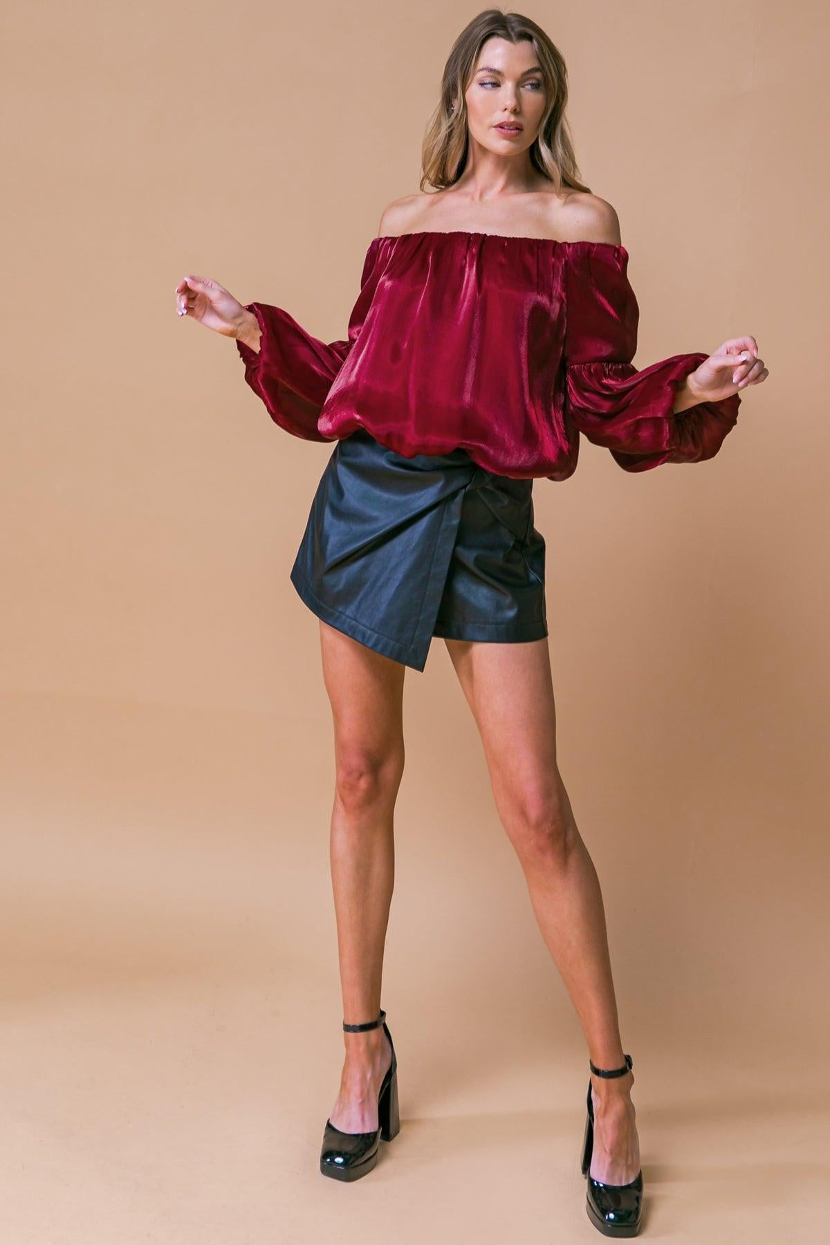 Simply Favored Woven Top Off on Neckline with Lantern Sleeves Elastic Waist — Soul Flow Apparel