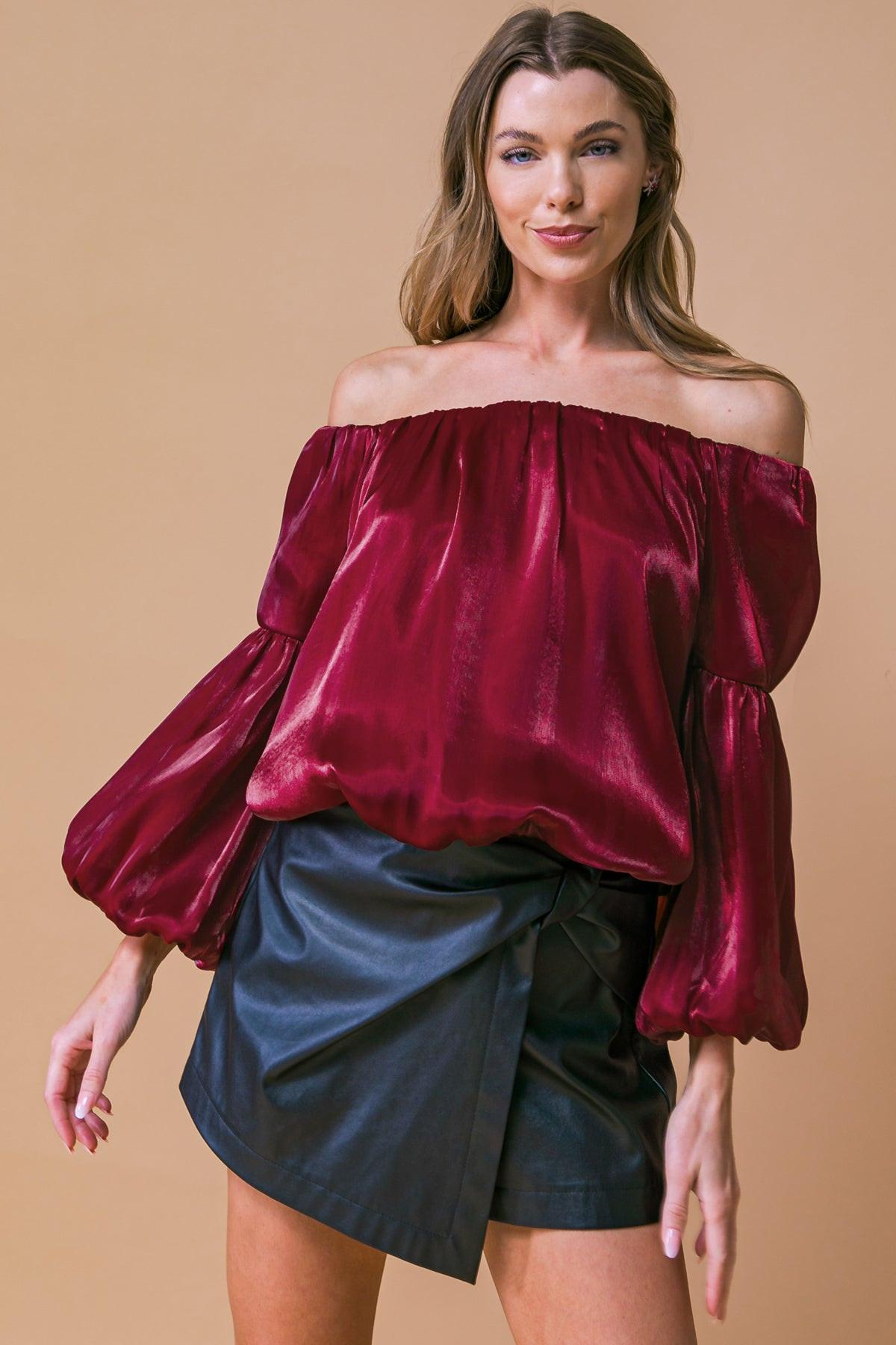 Simply Favored Woven Top Off on Neckline with Lantern Sleeves Elastic Waist — Soul Flow Apparel