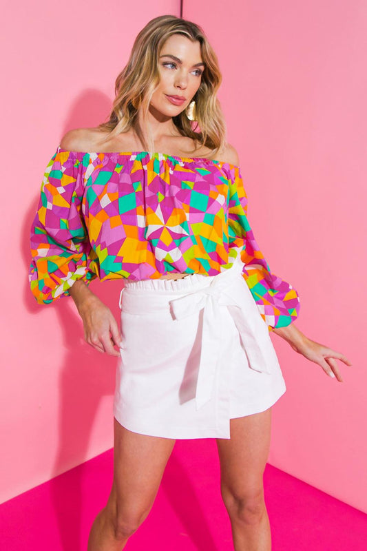 The Flower Fields Woven Top Off Shoulder Peasant Sleeve Printed Poplin — Soul Flow Apparel