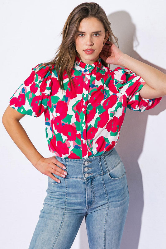 I Can Wait Forever Printed Woven Top with High Ruffled Neckline — Soul Flow Apparel
