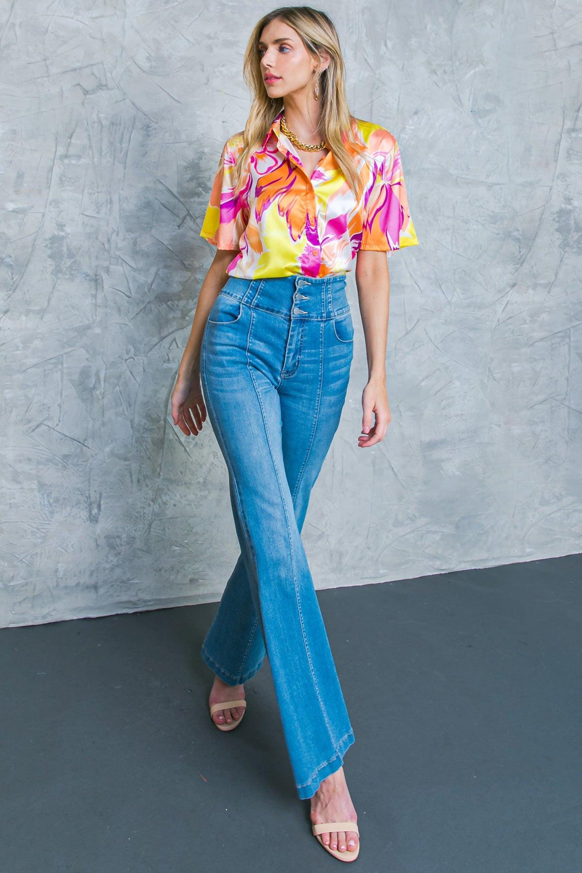 Hello Aroha Satin Printed Woven Top Short Sleeve Button Front Collar — Soul Flow Apparel