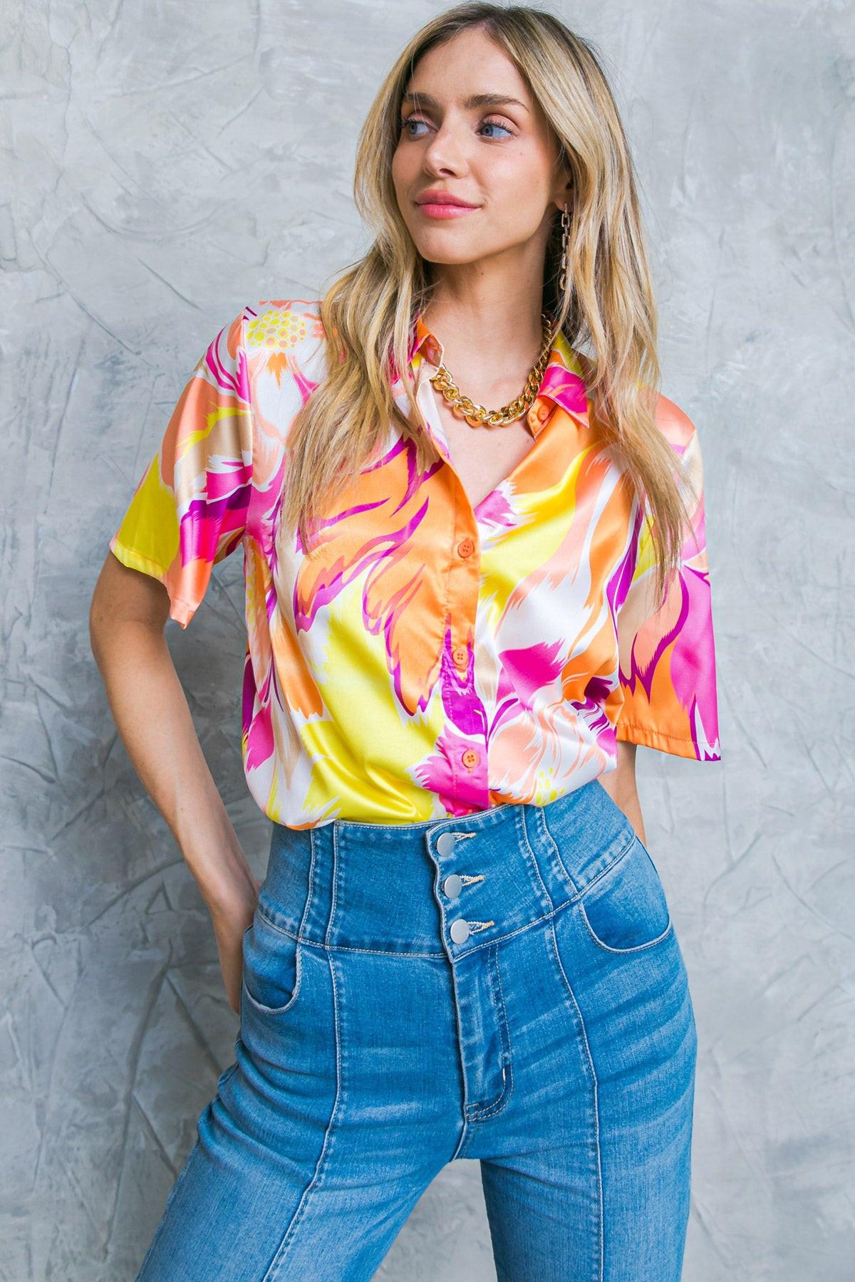 Hello Aroha Satin Printed Woven Top Short Sleeve Button Front Collar — Soul Flow Apparel
