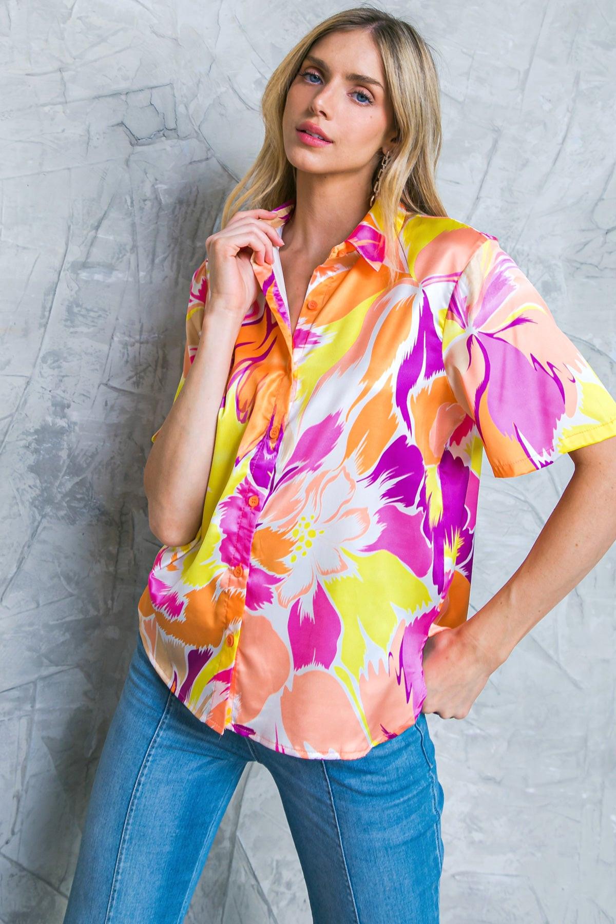 Hello Aroha Satin Printed Woven Top Short Sleeve Button Front Collar — Soul Flow Apparel