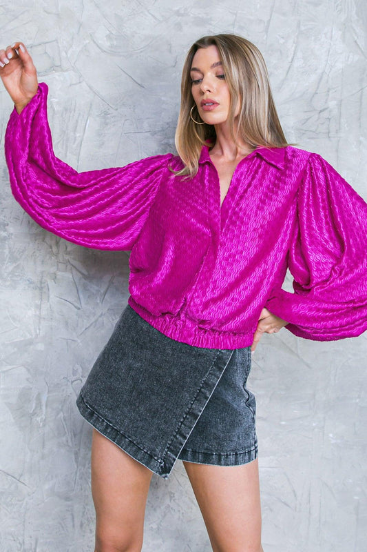 Regal Romance Woven Top with Shirt Collar Long Sleeves Elastic Waist — Soul Flow Apparel