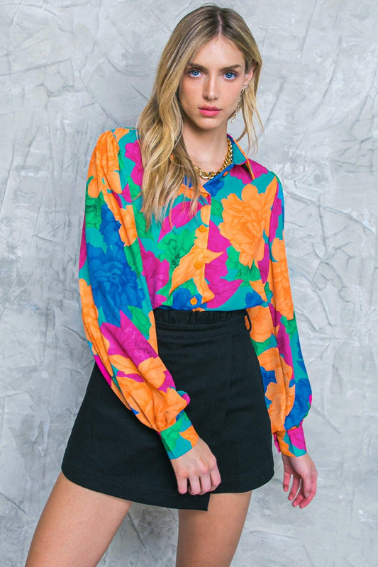 Soul on Fire Woven Top Collared Button Down with Printed Design Long Sleeves — Soul Flow Apparel