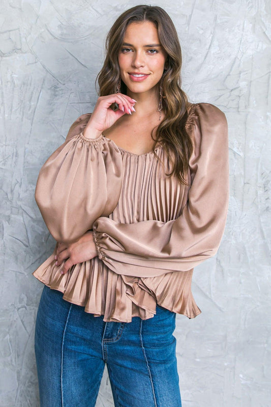 No More Drama Woven Top Long Sleeve Sweetheart Neckline Pleated Bodice Polyester — Soul Flow Apparel
